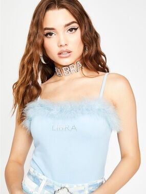 Dolls Kill Horoscopez Libra Rhinestone Feather Trim Tank Top Blue XL⚖️